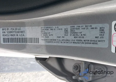 2020 Ram 1500 Big Horn 4X4 5'7 Box из США, поврежденный, VIN 1C6SRFFT2LN310877